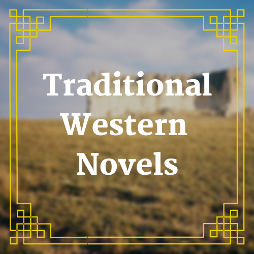 button with blurred background image and text saying traditional western novels overlaid on it