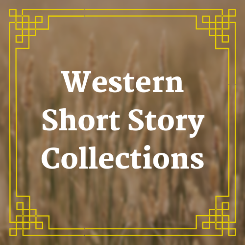 button with blurred field image with text saying western short story collections overlaid on it