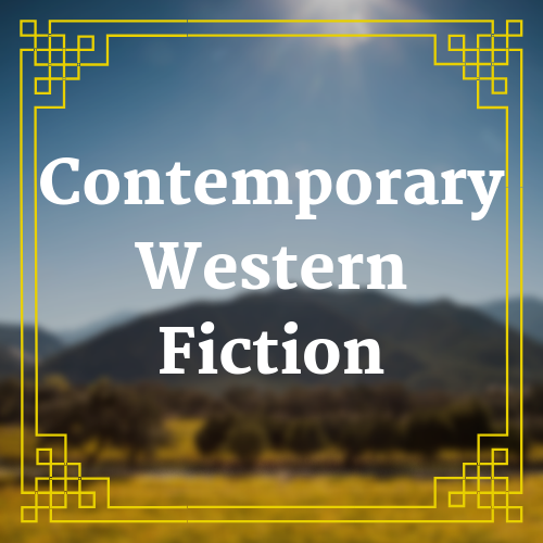 button with blurred landscape image with text saying contemporary western fiction overlaid on it