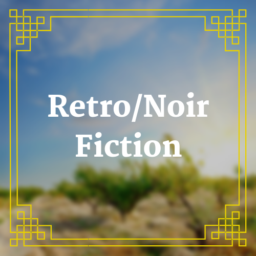button with blurred orchard landscape with text saying retro/noir fiction overlaid on it