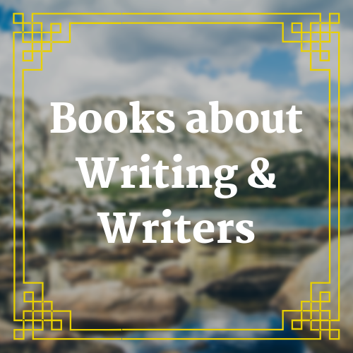 button with blurred landscape shot and text saying Books about Writing and Writers overlaid on it.